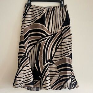 Brown and tan abstract pattern flowy midi skirt, East 5th, size 8